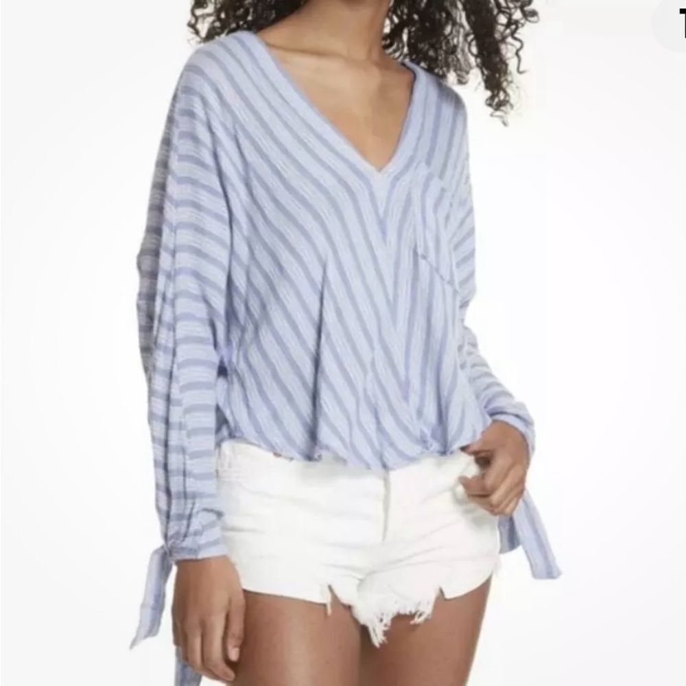 Free people, blue & white striped long sleeve, bohemian beach top, Size XS